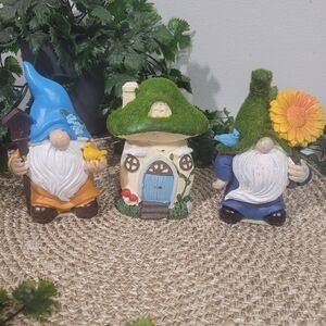 Set of 3 Decorative Garden Gnomes and Mushroom House Figurines made of Resin...